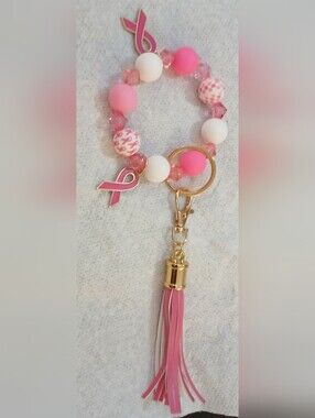 NWT Handcrafted Pink B.C. Awareness Beaded Keychain Bracelet with Tassel